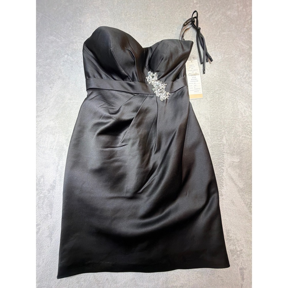Vintage Bill Levkoff Black Satin Strapless Dress Size 10 Rhinestone Y2K 169